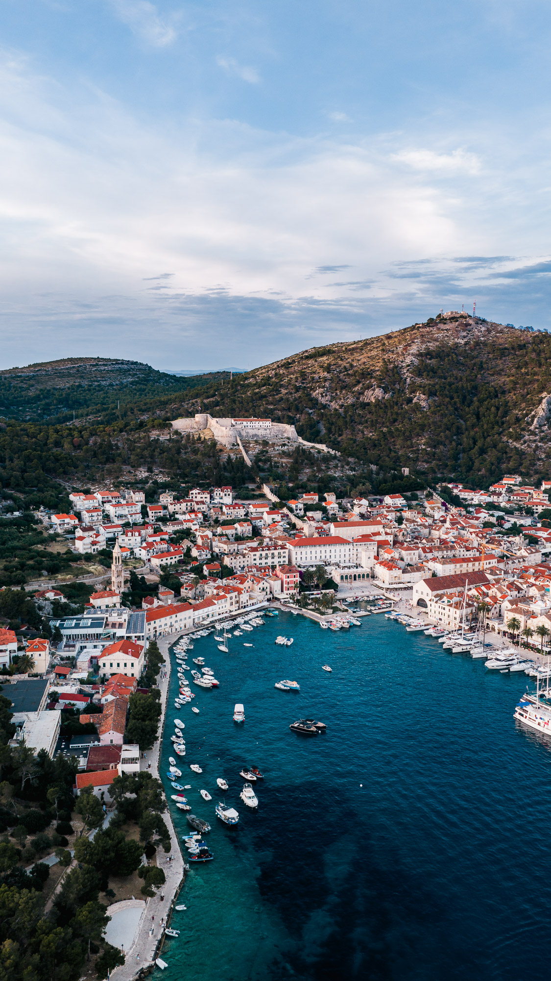 Hvar old town and Spanjola fortress aerial drone view