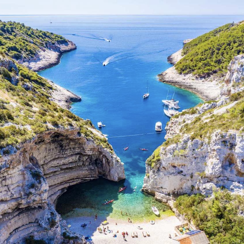 Stiniva Bay Vis Island aerial drone view - secluded beach near Hvar