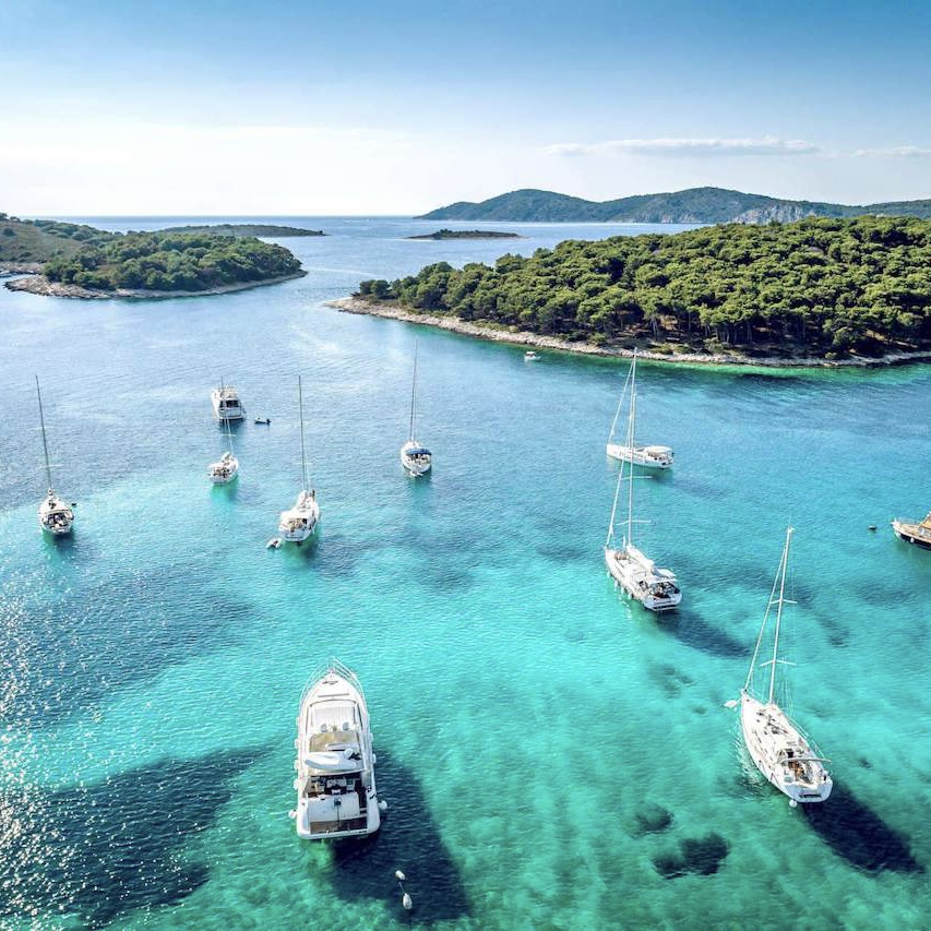 Hvar town and old harbour viewed from the Adriatic sea
