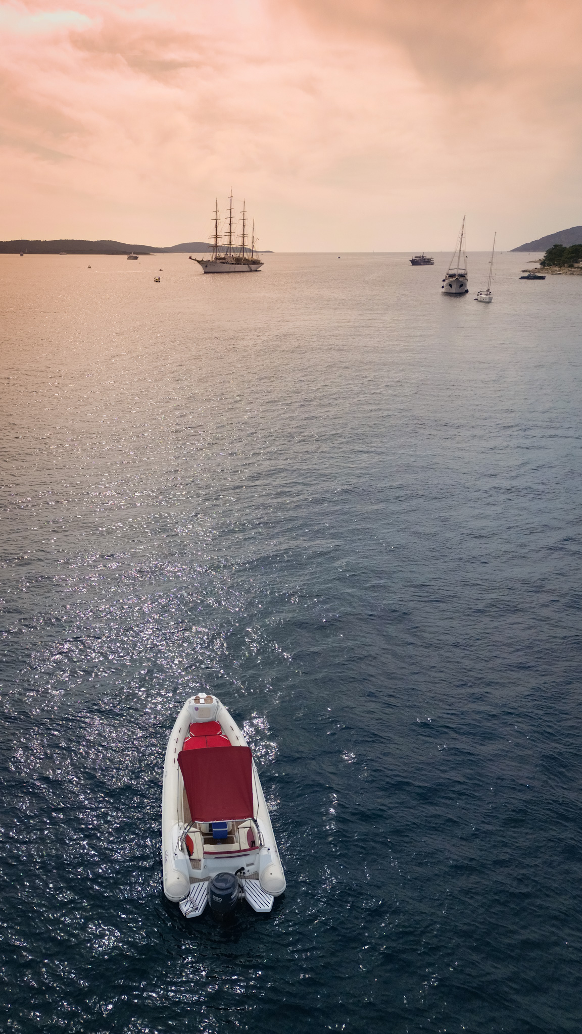 Sunset cruise from Hvar — private boat at golden hour over the Adriatic